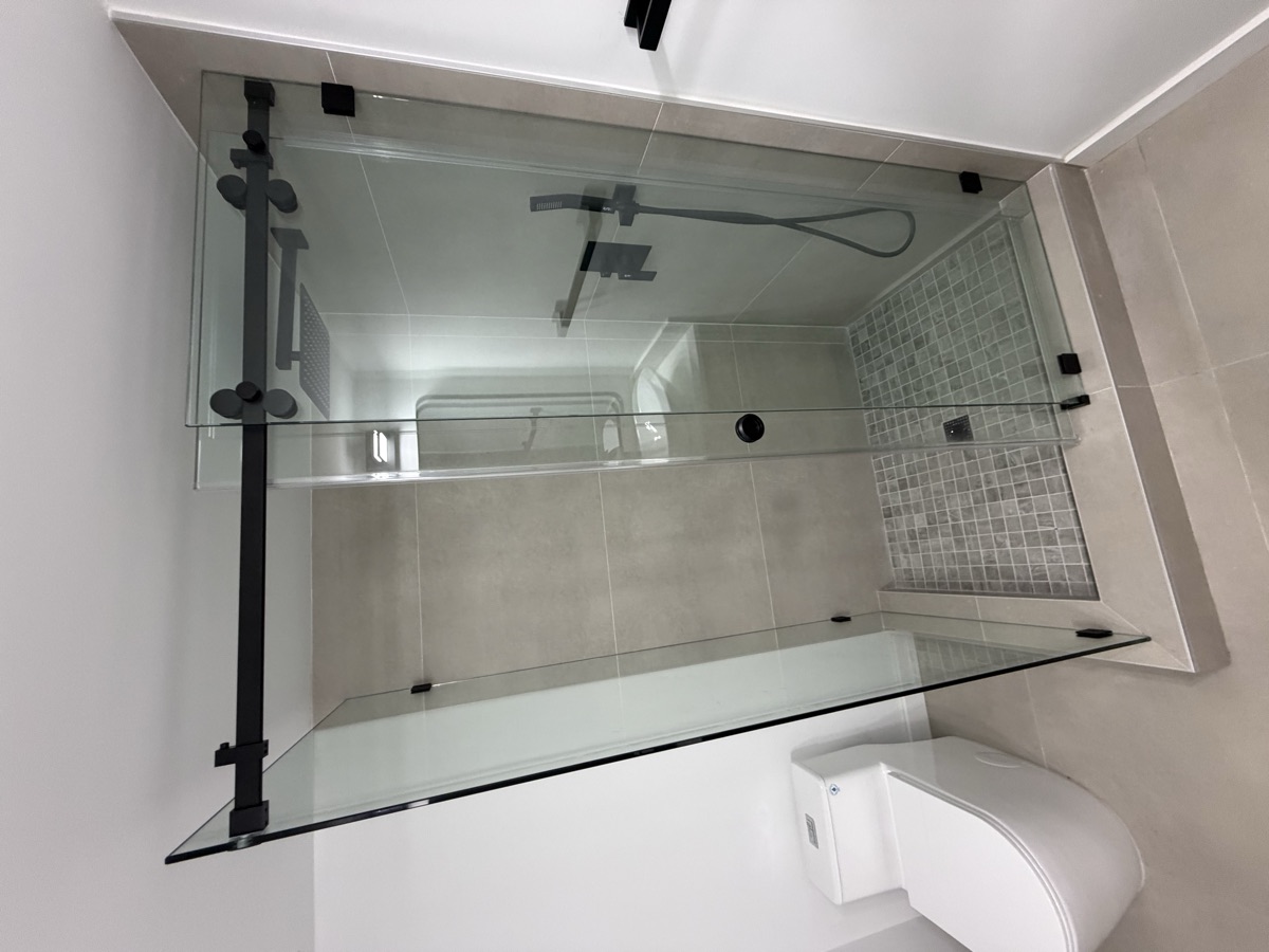 Corner glass shower with black hardware and mosaic floor