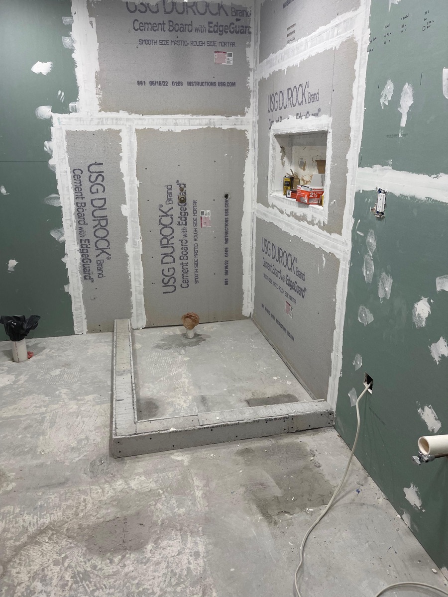 Shower in progress: cement board, niche and curb